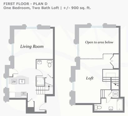 Floor plan for 1 bed, 2 baths, 900 sqft