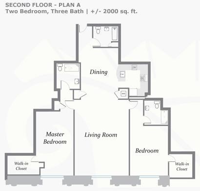 Floor plan for 2 beds, 3 baths, 2000 sqft
