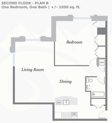 Floor plan for 1 bed, 1 bath, 1050 sqft