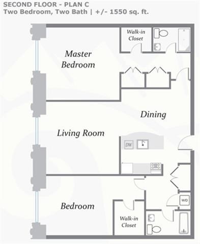 Floor plan for 2 beds, 2 baths, 1550 sqft