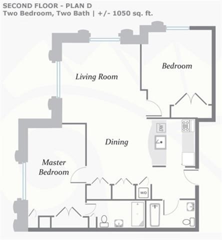 Floor plan for 2 beds, 2 baths, 1075 sqft