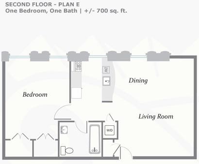 Floor plan for 1 bed, 1 bath, 700 sqft