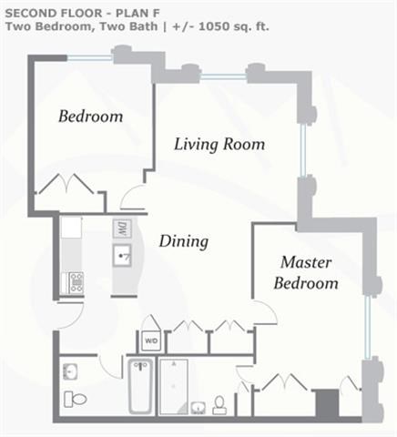 Floor plan for 2 beds, 2 baths, 1050 sqft