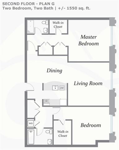 Floor plan for 2 beds, 2 baths, 1540 sqft