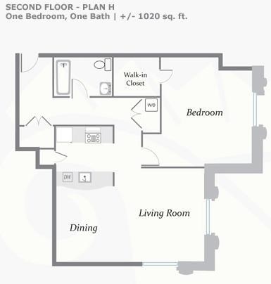 Floor plan for 1 bed, 1 bath, 1020 sqft