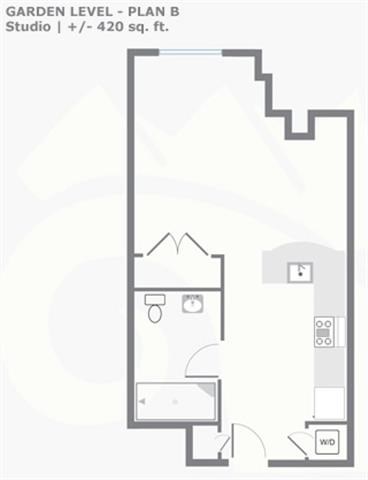 Floor plan for studio, 1 bath, 420 sqft