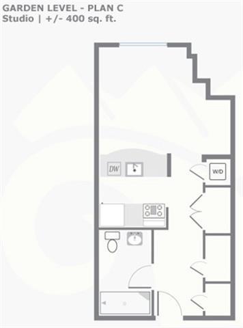 Floor plan for studio, 1 bath, 400 sqft