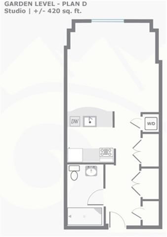 Floor plan for studio, 1 bath, 413 sqft