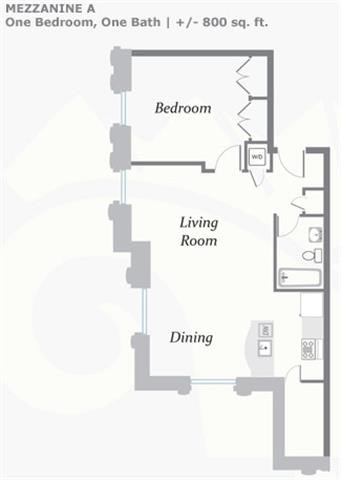 Floor plan for 1 bed, 1 bath, 800 sqft