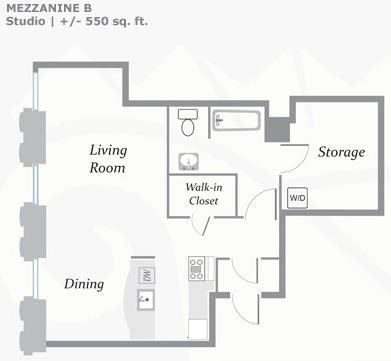 Floor plan for studio, 1 bath, 550 sqft