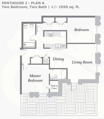 Floor plan for 2 beds, 2 baths, 1050 sqft