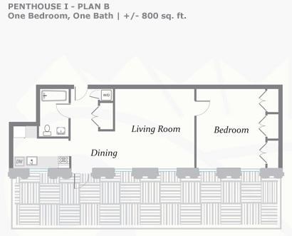 Floor plan for 1 bed, 1 bath, 800 sqft