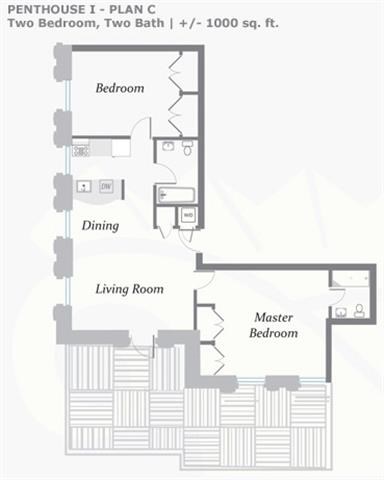 Floor plan for 2 beds, 2 baths, 1000 sqft