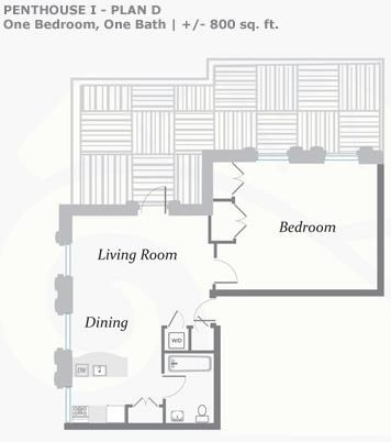 Floor plan for 1 bed, 1 bath, 800 sqft
