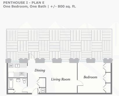 Floor plan for 1 bed, 1 bath, 800 sqft
