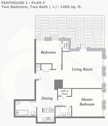 Floor plan for 2 beds, 2 baths, 1400 sqft