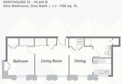Floor plan for 1 bed, 1 bath, 700 sqft