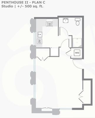 Floor plan for studio, 1 bath, 500 sqft