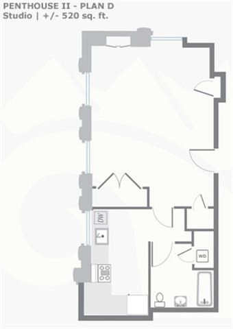 Floor plan for studio, 1 bath, 520 sqft