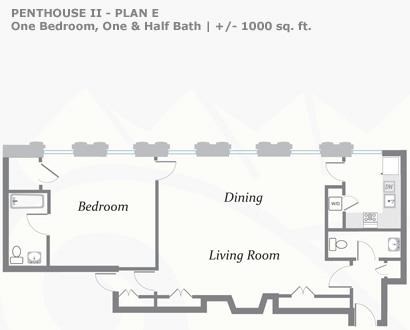 Floor plan for 1 bed, 1.5 baths, 1050 sqft