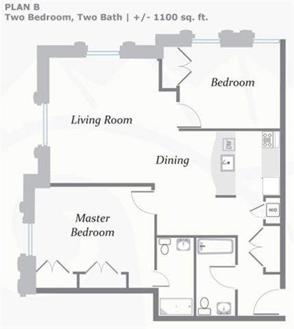 Floor plan for 2 beds, 2 baths, 1050 sqft