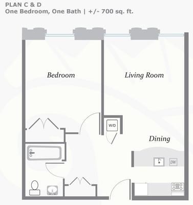 Floor plan for 1 bed, 1 bath, 680 sqft