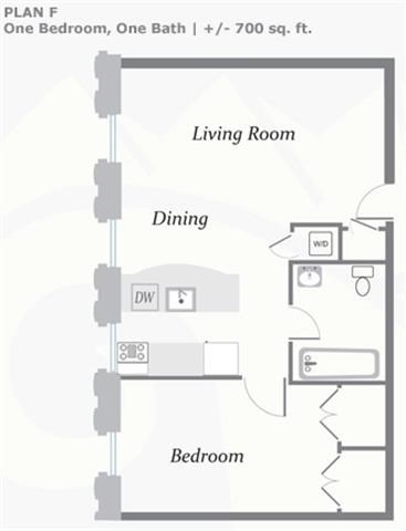 Floor plan for 1 bed, 1 bath, 700 sqft