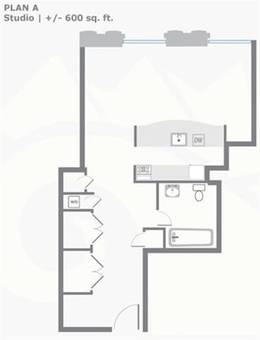 Floor plan for studio, 1 bath, 600 sqft