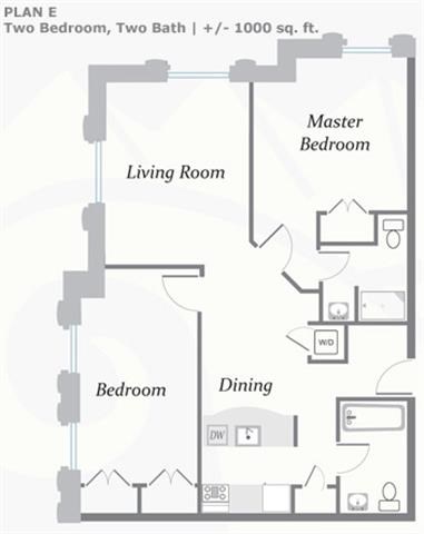 Floor plan for 2 beds, 2 baths, 1000 sqft