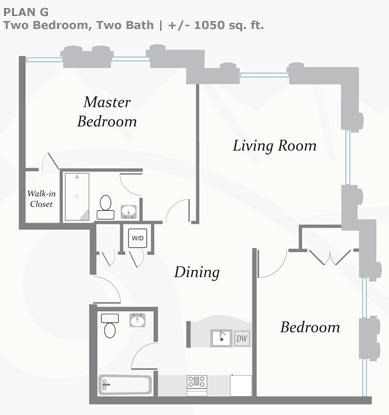Floor plan for 2 beds, 2 baths, 1050 sqft