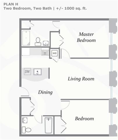 Floor plan for 2 beds, 2 baths, 1000 sqft