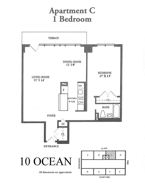 Floor plan for 1 bed, 1 bath, 666 sqft