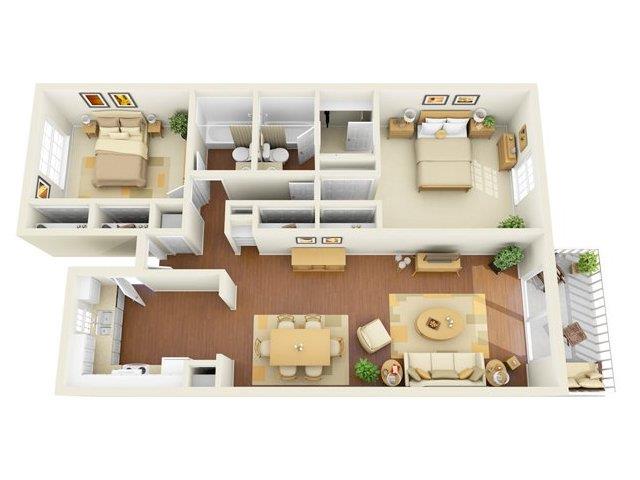 Floor plan for 2 beds, 2 baths, 1275 sqft