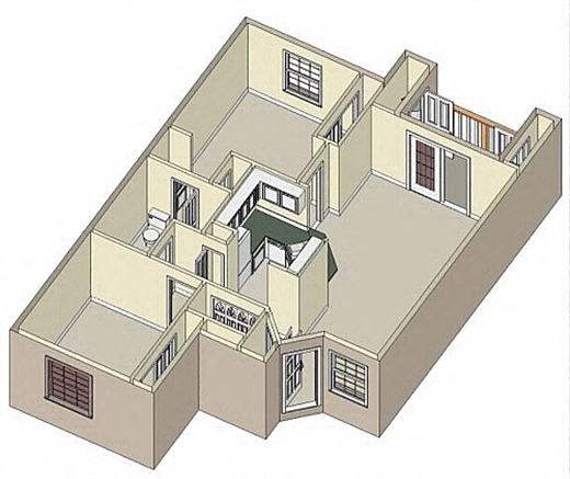 Floor plan for 2 beds, 1 bath, 930 sqft