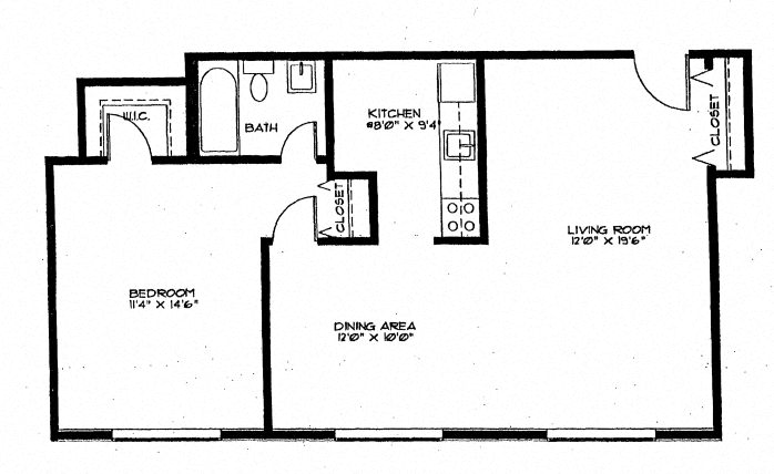 Floor plan for 1 bed, 1 bath, 703 sqft