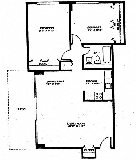 Floor plan for 2 beds, 1 bath, 816 sqft