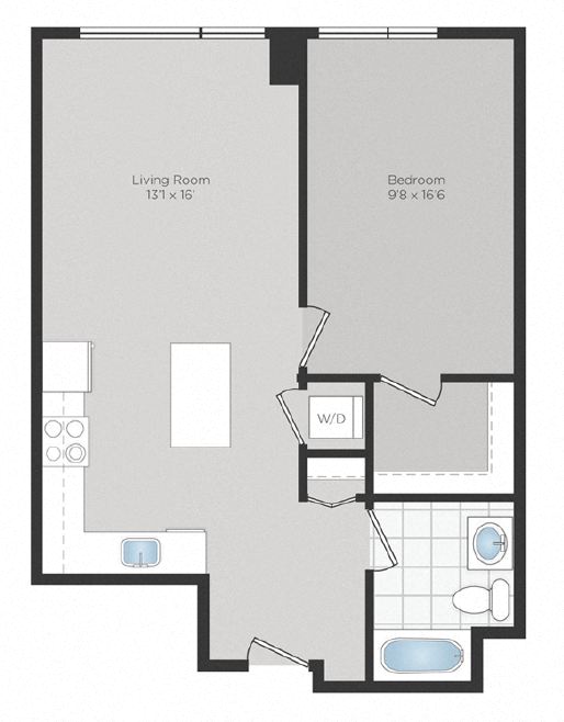 Floor plan for 1 bed, 1 bath, 715 sqft