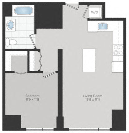 Floor plan for 1 bed, 1 bath, 691 sqft