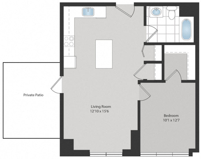 Floor plan for 1 bed, 1 bath, 662 sqft