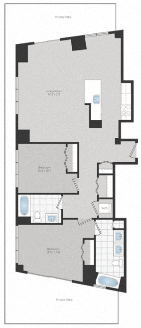 Floor plan for 2 beds, 2 baths, 1245 sqft