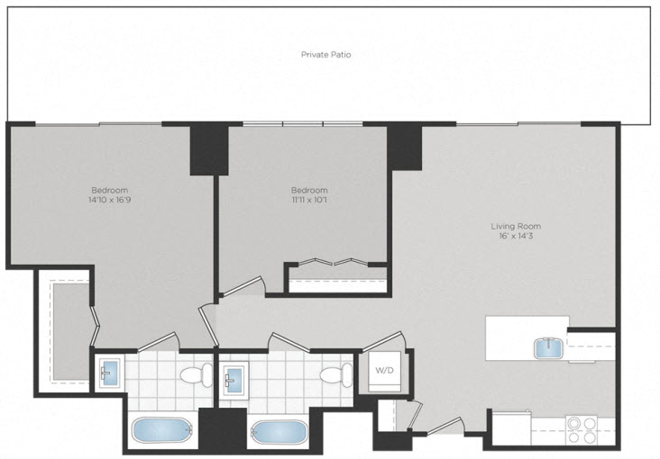 Floor plan for 2 beds, 2 baths, 999 sqft