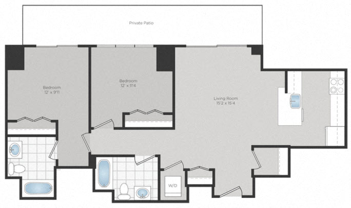 Floor plan for 2 beds, 2 baths, 1030 sqft