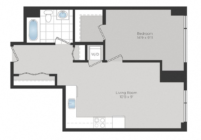 Floor plan for 1 bed, 1 bath, 691 sqft