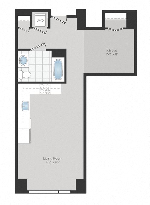 Floor plan for studio, 1 bath, 611 sqft