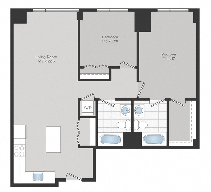 Floor plan for 2 beds, 2 baths, 1093 sqft
