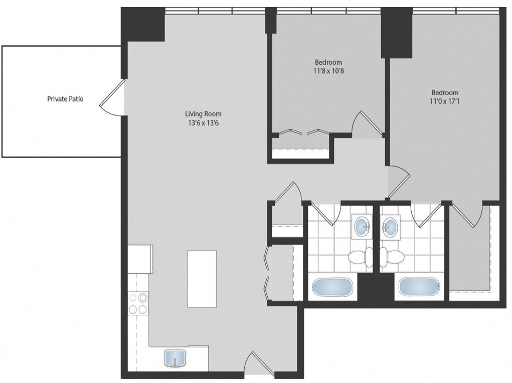 Floor plan for 2 beds, 2 baths, 1132 sqft