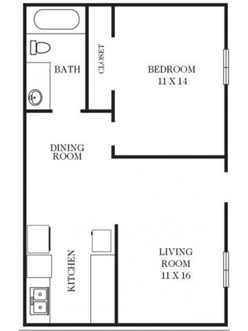 Floor plan for 1 bed, 1 bath, 640 sqft