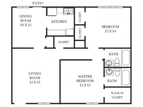 Floor plan for 2 beds, 2 baths, 980 sqft