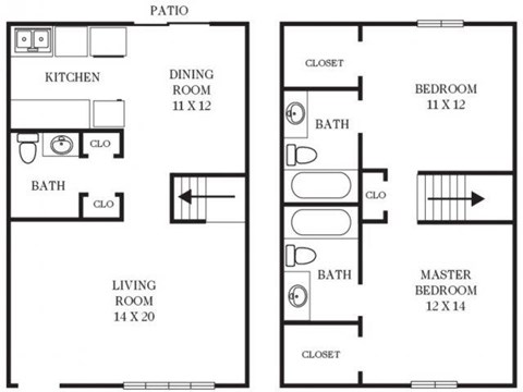 Floor plan for 2 beds, 2.5 baths, 1240 sqft