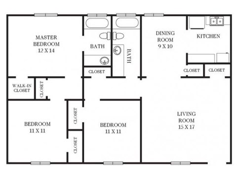 Floor plan for 3 beds, 2 baths, 1250 sqft